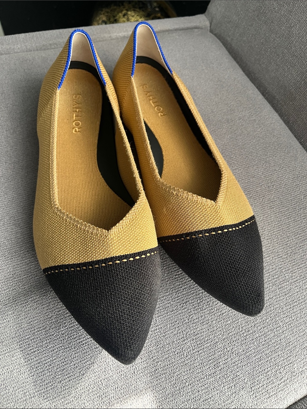 Rothy's Two-Tone Point II Knit Flat in Mustard and Black with Blue Trim 10.5